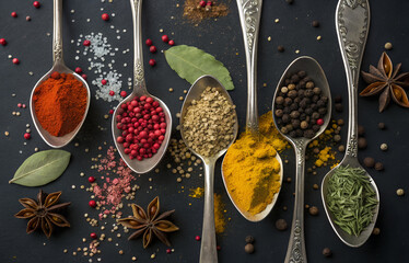 Several types of spices in metal spoons