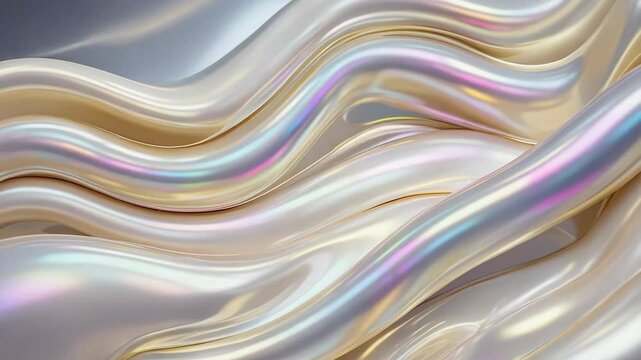Abstract pearlescent fabric texture with flowing, undulating wave patterns and iridescent pastel reflections under soft studio lighting