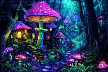 Glowing mushrooms illuminate the magical landscape.