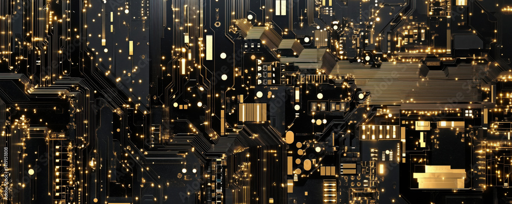 Poster futuristic circuit board design with glowing golden elements, intricate patterns, and high-tech comp