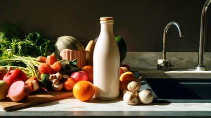 white milk bottle package mockup with healthy ingridients