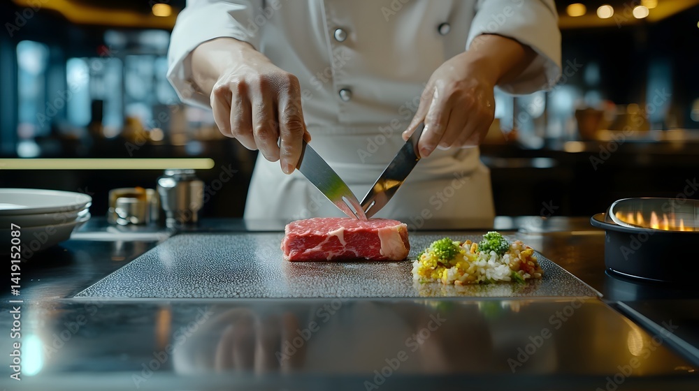 Poster a closeup shot of a chef s skilled hands precisely slicing through a fresh succulent steak highlight