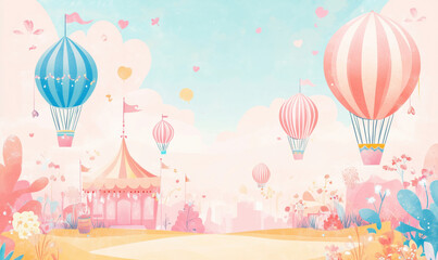 Colorful hot air balloons floating over whimsical carnival scene with pastel colors and flowers.