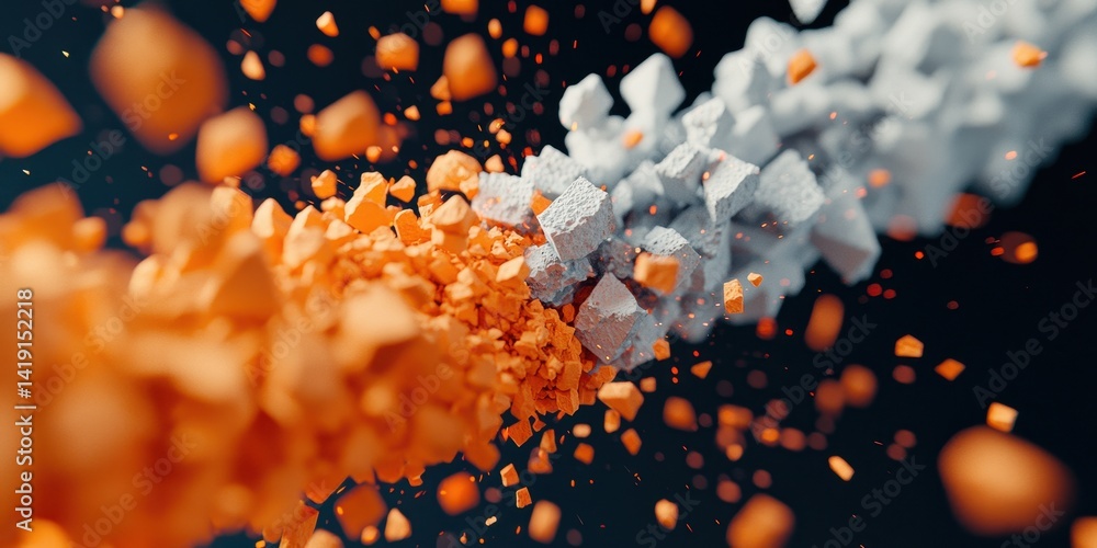 Poster explosion of colorful particles in dynamic motion against dark background