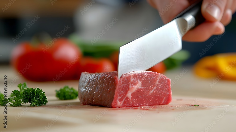 Poster closeup image of a razor sharp butcher s knife skillfully slicing through a juicy cut of beef showca