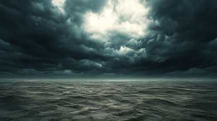Dramatic ocean landscape under a dark, menacing sky.