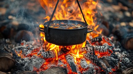Flickering flames illuminate a black pot hanging above a campfire, casting a soft glow that invites gathering around the fire for warmth and shared meals under the evening sky