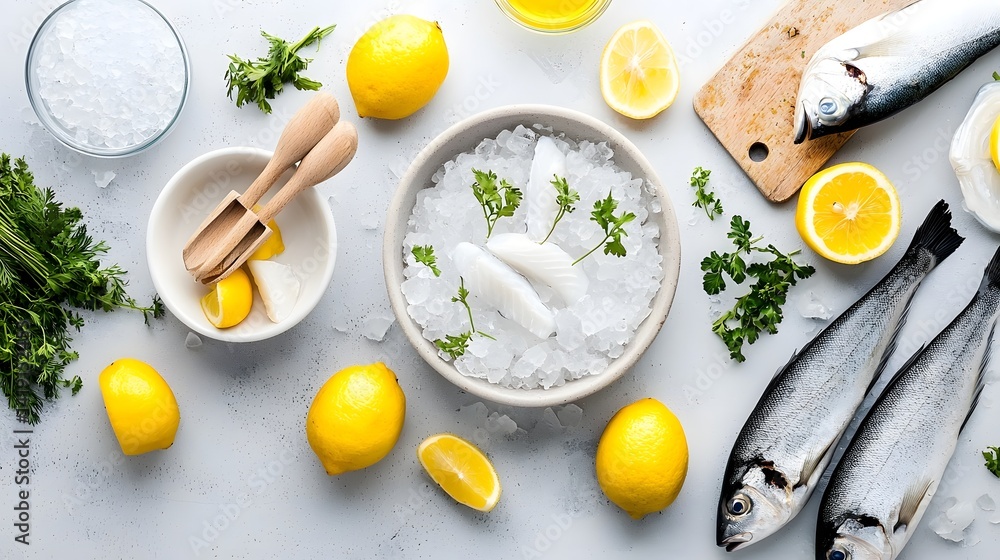 Poster carefully curated still life showcasing an assortment of freshly caught fish resting on a bed of ice