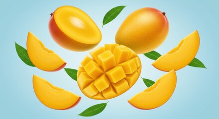Fototapeta premium Ripe Yellow Mango Slices and Whole Fruit on Blue Background