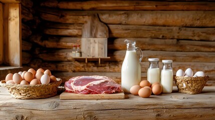 A cozy and rustic farmhouse scene featuring a wooden counter or table top filled with fresh farm raised eggs milk and raw meats showcasing the bounty of a country style kitchen