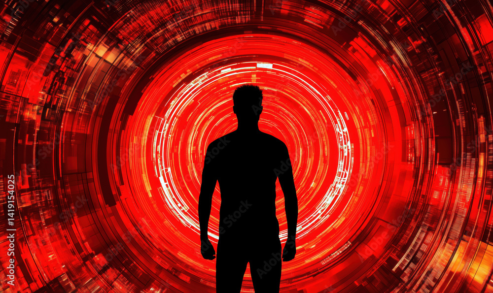 Aufkleber silhouette of human figure against abstract red circular background with digital patterns.