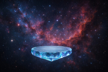 A stunning digital rendering of a diamond-like crystal suspended in the vastness of space, surrounded by colorful nebulas and stars, showcasing the beauty of the universe.