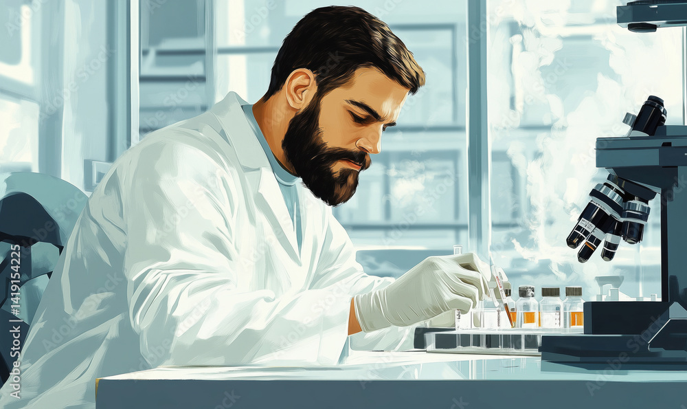 Poster scientist conducting experiments in laboratory with test tubes and microscope.