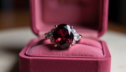 Burgundy Engagement Ring in Vibrant Pink Box Against Blurred Background. A ring sits in a pink velvet box.