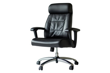 Fototapeta premium Elegant black leather office chair modern design comfortable seating stylish chrome base on transparent background
