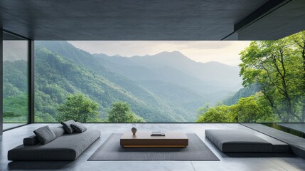 Modern living room showcases scenic mountain views through large window