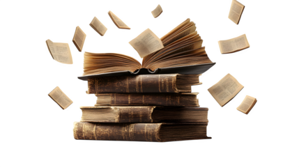 Open book stack flying upward, high-definition, realistic look, isolated on white background
