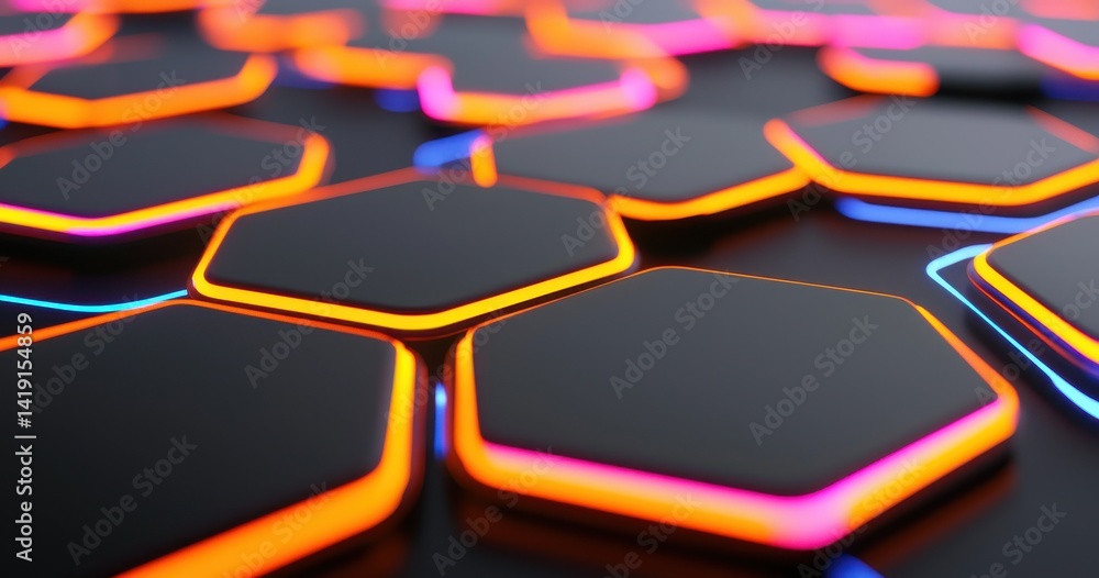Poster futuristic hexagonal tiles with glowing edges in modern design