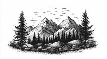 Monochrome mountain range illustration, trees, rocks, sky, nature print
