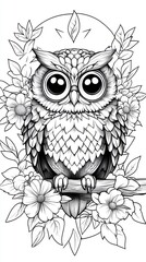 Fototapeta premium Detailed black and white illustration of an adorable owl with large expressive eyes perched on flowers surrounded by leaves and a moon in the background in a whical art style