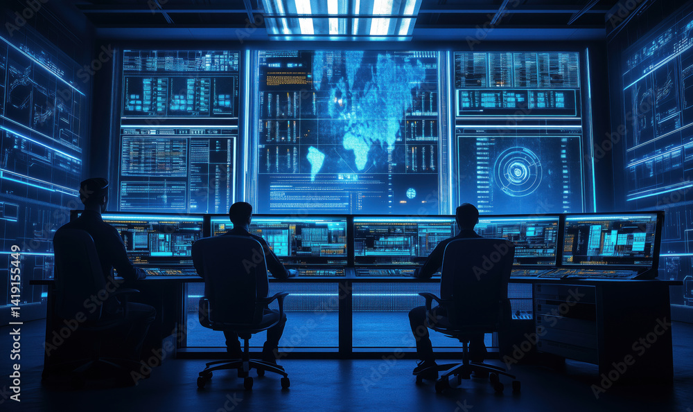 Poster high-tech control room with operators monitoring data analytics and global information systems.