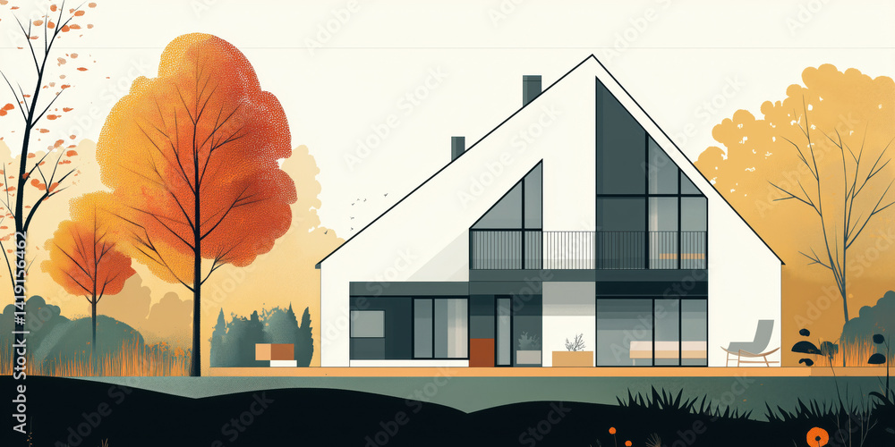 Poster modern architectural design featuring minimalist house with large windows, surrounded by autumn tree