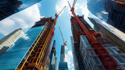 Skyward Vision: Modern Cityscape Under Construction with Towering Cranes and Skyscrapers