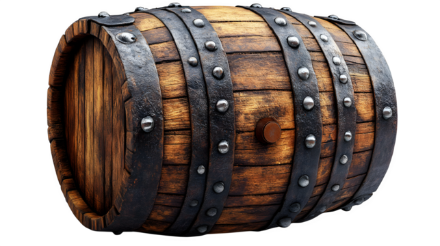 rustic wooden barrel with metal bands, realistic texture, isolated on white background