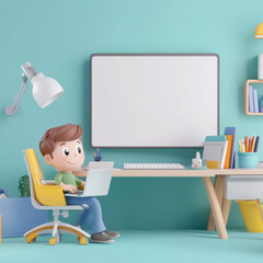 Child Engaged in Online Learning at a Bright Study Space