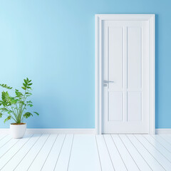 Bright Room with White Door and Simple Green Plant by Blue Wall