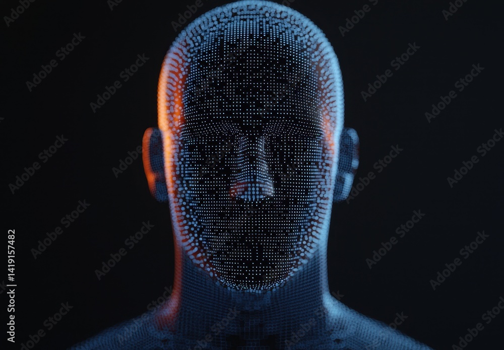 Poster digital human face model with abstract pixel structure and lighting