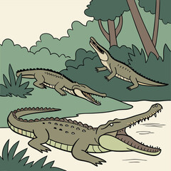 Three cartoon crocodiles in a jungle setting with trees and a river, depicted in shades of green and brown, with open mouths and spiky backs.
