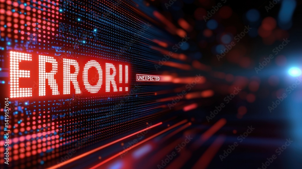 Poster bright red error notification on digital background with light effects