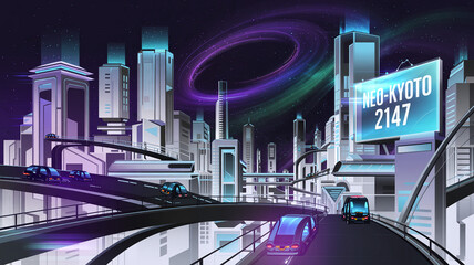 Obraz premium Neo kyoto cityscape futuristic city illustration with flying cars and modern architecture art design