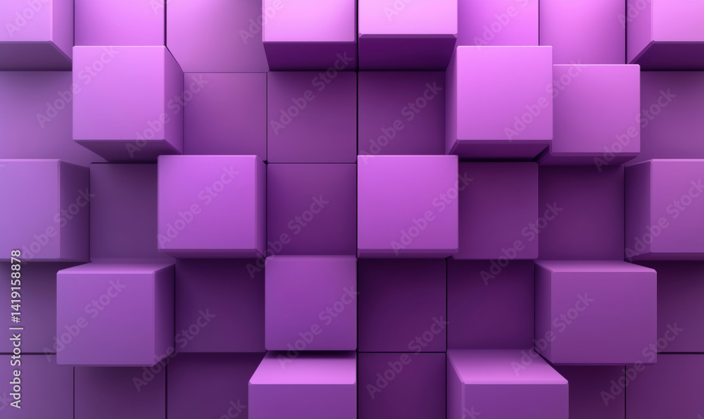 Poster purple 3d cubes arrangement, abstract geometric background with varying sizes and depths, modern des