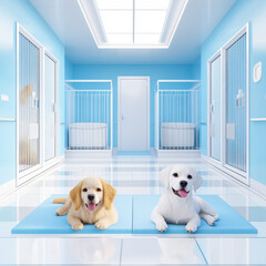 Bright and Cheerful Dog Kennel Interior with Playful Puppies