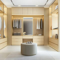 Elegant Modern Dressing Room with Sleek Storage Solutions and Lighting