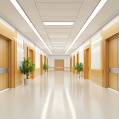 Modern Hospital Corridor with Elevators and Potted Plants