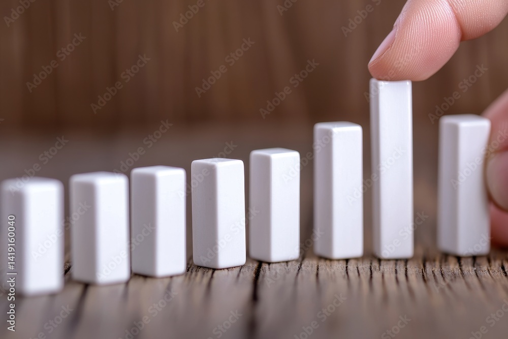 Aufkleber growth metrics and progress indicators with white blocks on wood