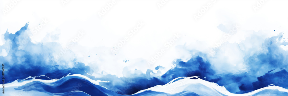 Poster abstract watercolor ocean waves in shades of blue, creating a serene and calming atmosphere with sof