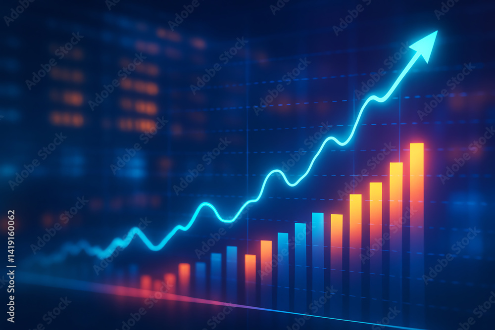 Poster a digital visualization of a rising graph illustrating growth and progress in business