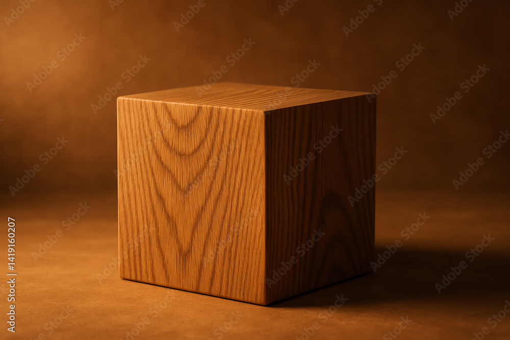 Poster a beautifully crafted wooden cube against a warm background, showcasing texture and design. perfect 