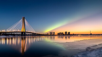 Obraz premium A captivating winter scene of a city bridge covered in enchanting frost with the mesmerizing northern lights dancing across the serene night sky