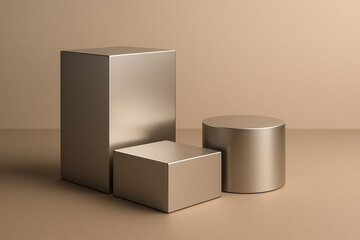 A minimalistic arrangement of metallic geometric shapes, including a cube, rectangular prism, and cylinder, set against a soft beige background, ideal for design purposes.