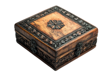 Exquisite hand carved wooden box intricate floral details rich dark tones intricate design on transparent background