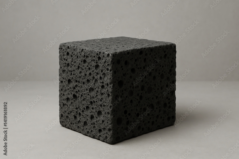Poster a minimalist black sponge cube with a unique texture, perfect for art and design projects. this vers