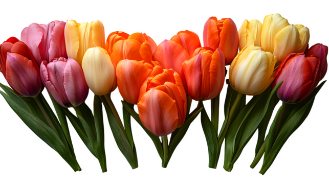 Overhead shot of tulips forming a heart shape, perfect for romantic themes, isolated on white background