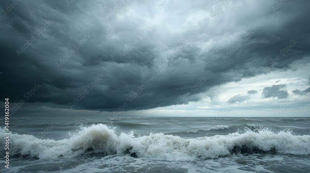 Poster dramatic and ocean landscape with storm clouds rolling in over the distant horizon and powerful wave