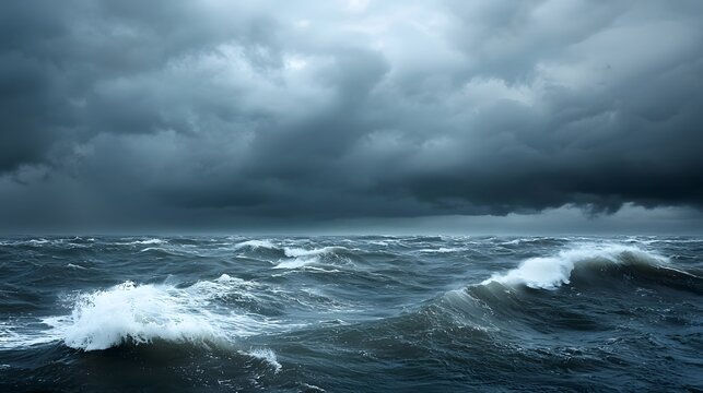 Dramatic ocean seascape with towering storm clouds rolling in over the distant horizon as powerful waves crash against the shoreline in the foreground  A moody