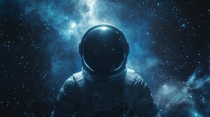 Astronaut in space suit against a nebula backdrop.